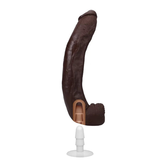 A cross-section image of the base of the Signature Cocks - Dredd dildo showcases the empty Vac-U-Lock chasm at the base of the dildo that allows it to function with Vac-U-Lock accessories. | Kinkly Shop