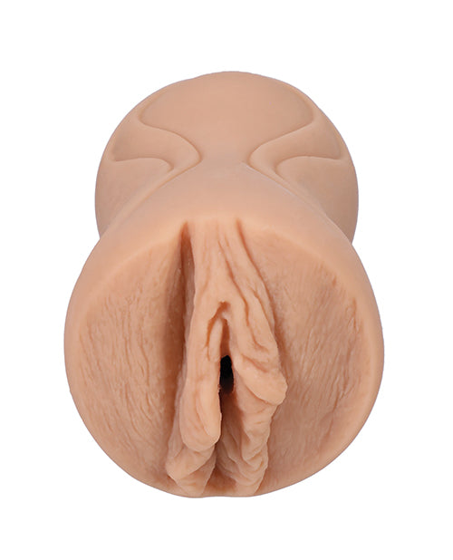 Close-up of the orifice and entrance of the Signature Strokers Kylie Rocket stroker. The stroker's entrance is molded after the porn star's vulva. | Kinkly Shop