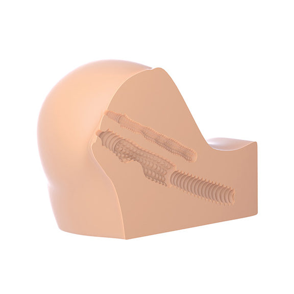 Cross-section image showcases the two internal tunnels on the Fuck Me Silly: To-Go Bubble Butt. The vaginal tunnel is much deeper than the anal tunnel. Both are close-ended with no exit holes. | Kinkly Shop