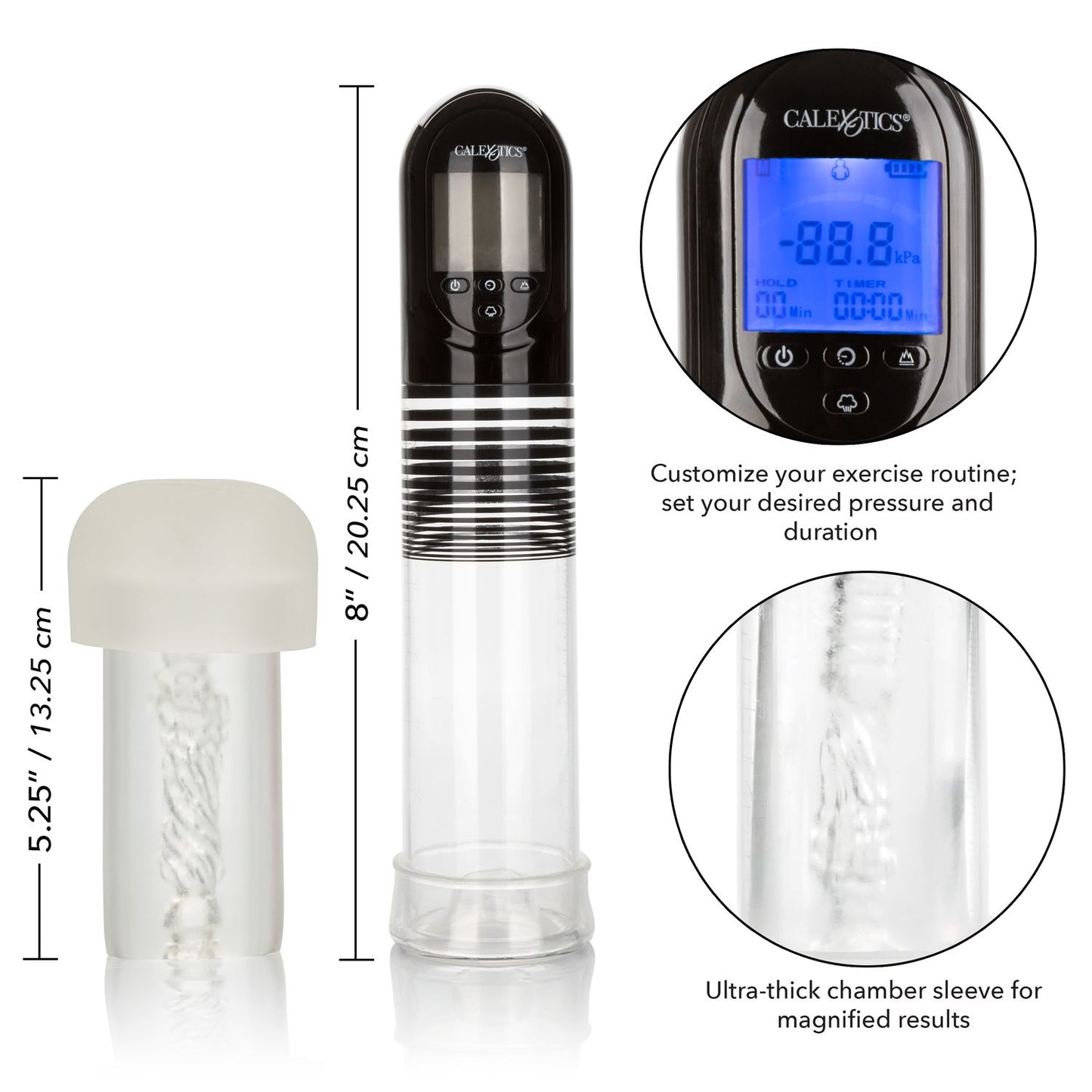 Collage of images showcases various features about the Optimum Series Advanced Auto Smart Pump. Text reads: "Customize your exercise routine. Set your desired pressure and duration. Ultra-thick chamber sleeve for magnified results." | Kinkly Shop