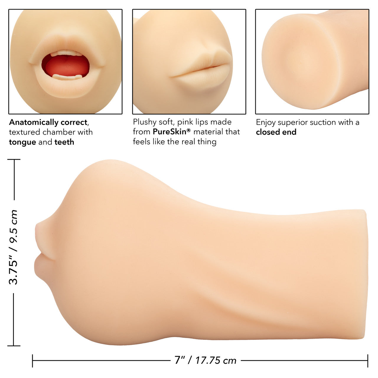 Collage of Stroke It Mouth images showcasing the different features of the stroker. Text reads: "Anatomically correct, textured chamber with tongue and teeth. Plushy soft, pink lips made from PureSkin material that feels like the real thing. Enjoy superior suction with a closed end." | Kinkly Shop