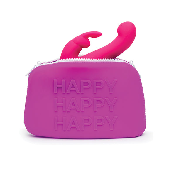 A rabbit vibrator is peeking out the top of the Happy Large Silicone Storage Bag . It looks like it barely fits length-wise, but it has lots of extra room width-wise for other accessories. | Kinkly Shop