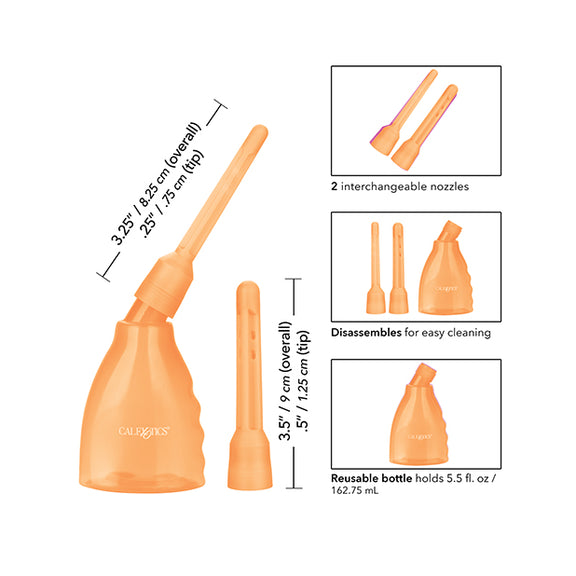 A collage of images of the Ultimate Douche showcase its various features. Text reads: "2 interchangeable nozzles. Disassembles for easy cleaning. Resusable bottle holds 5.5 fluid ounces." | Kinkly Shop
