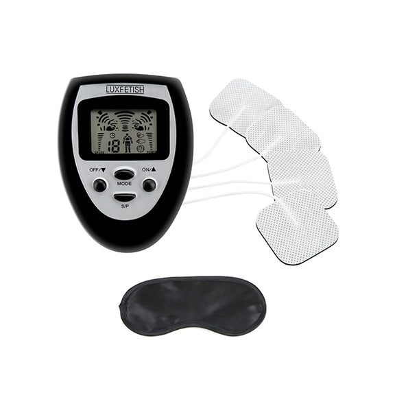 The Lux Fetish Electro-Sex Kit with Stim Pads shown next to the included blindfold | Kinkly Shop