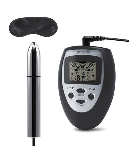 The Lux Fetish Electro-Sex Shock Wand next to the blindfold that also comes with it. | Kinkly Shop