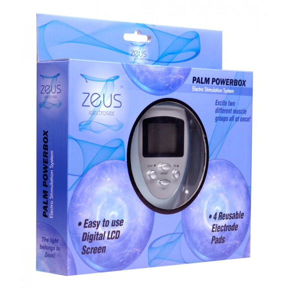 Packaging for the Zeus Palm e-Stim Powerbox | Kinkly Shop