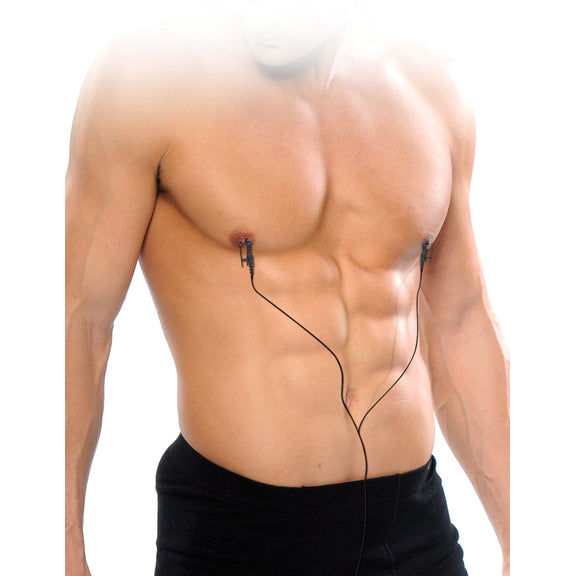 A person wears the Fetish Fantasy Shock Therapy Nipple Clamps on their nipples. The cord hangs off their clamps. | Kinkly Shop
