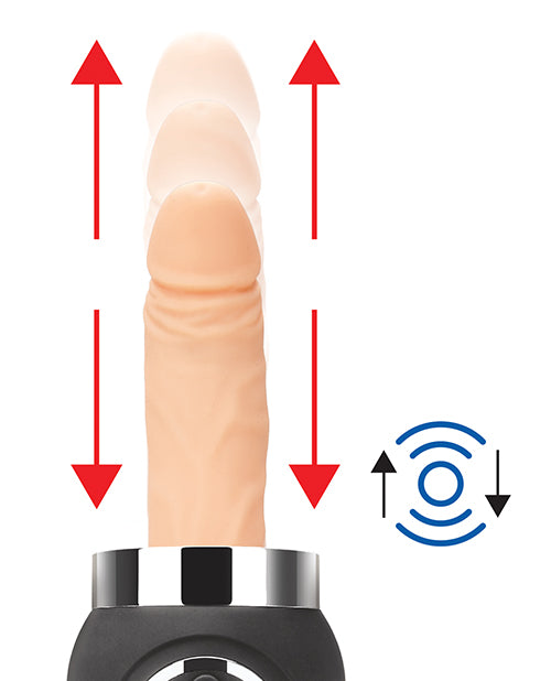 The tip of the dildo of the Lux Fetish Remote-Controlled Rechargeable Compact Thrusting Machine, shown with shadow copies that show the in-and-out thrusting potential of the thrusting machine. | Kinkly Shop