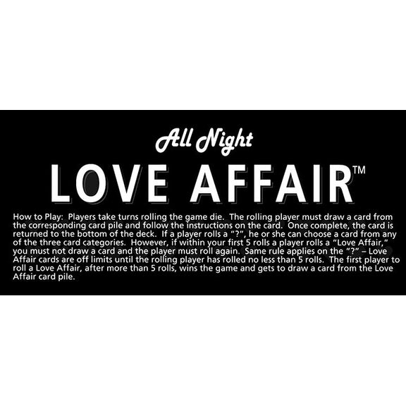 Text image that displays how to play the Love Affair board game. The instructions are included in the product description text. | Kinkly Shop