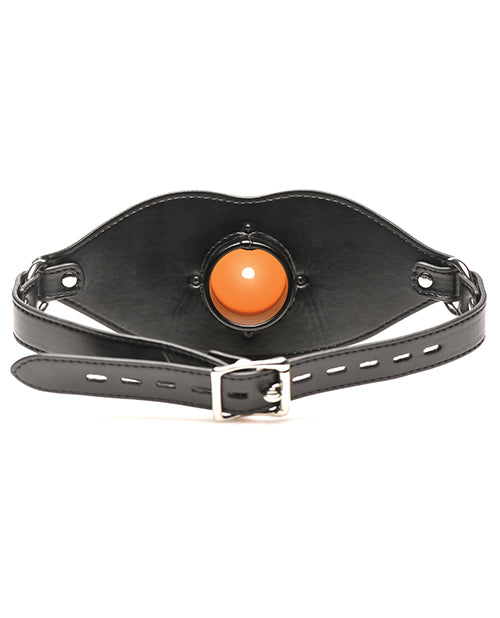 Close-up of the wearer's side of the Master Series Ass Face. This showcases the wide, open cylinder that the wearer's mouth stretches around as well as the optional locking buckle if desired. | Kinkly Shop