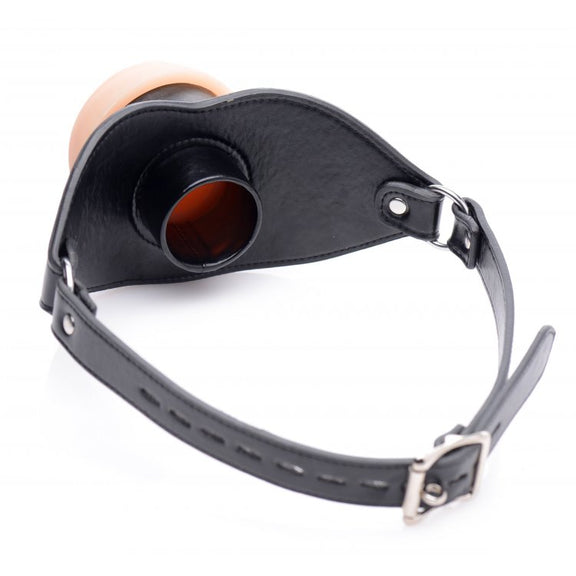The internal loop that forces the wearer's mouth open while wearing the Master Series Pussy Face. The locking loop on the locking buckle can also be seen. | Kinkly Shop