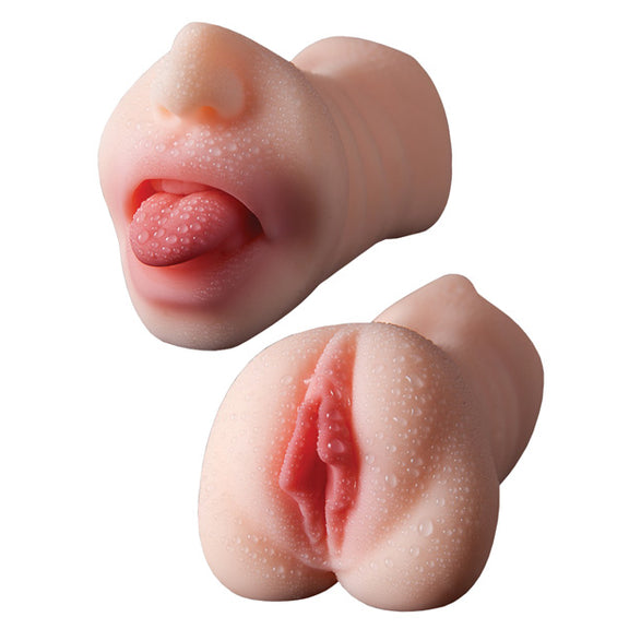 Two Man Eater strokers shown. One is showing the oral end while the other is showing the vulva end. | Kinkly Shop