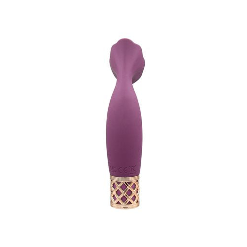 Backside of the Pillow Talk Secrets Passion vibrator. It has a thicker base while the flower head points away from the camera. | Kinkly Shop