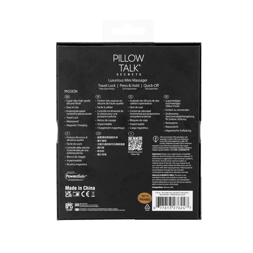 Backside of the packaging of the Pillow Talk Secrets Passion | Kinkly Shop