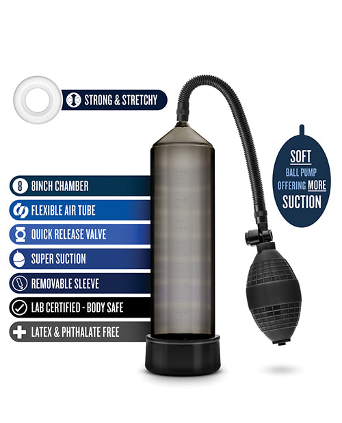 The Blush Performance VX101 shown next to a list of features listed in text. Text includes: "8 inch chamber. Flexible air tube. Quick release valve. Super suction. Removable sleeve. Lab certified body-safe. Latex and phthalate-free. Soft ball pump offering more suction. Strong and stretchy cock ring." | Kinkly Shop