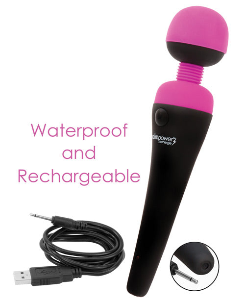 The Palm Power Rechargeable shown next to the charging cable but unplugged from it. Text on the image reads: "Waterproof and rechargeable" | Kinkly Shop