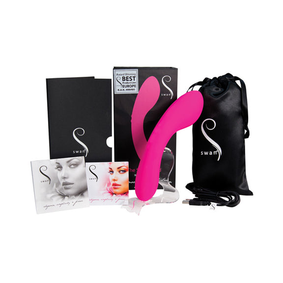 The Swan vibrator shown next to everything it comes with. It has a drawstring bag, the vibrator itself, the charging cable, and an instruction manual. | Kinkly Shop