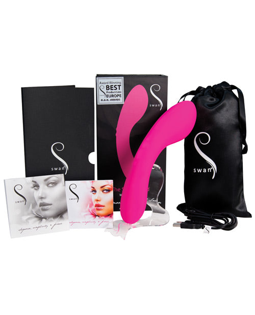 The Swan vibrator shown next to everything it comes with. It has a drawstring bag, the vibrator itself, the charging cable, and an instruction manual. | Kinkly Shop