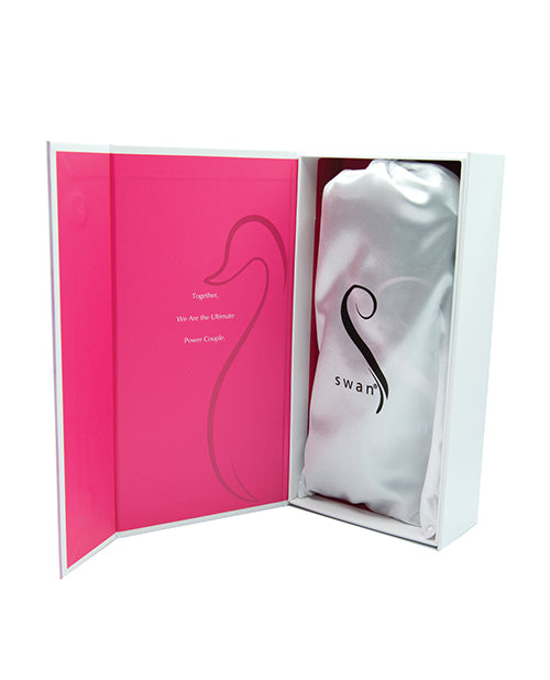 Packaging for The Swan vibrator. The toy is tucked snugly away in a white drawstring storage bag for storage. | Kinkly Shop