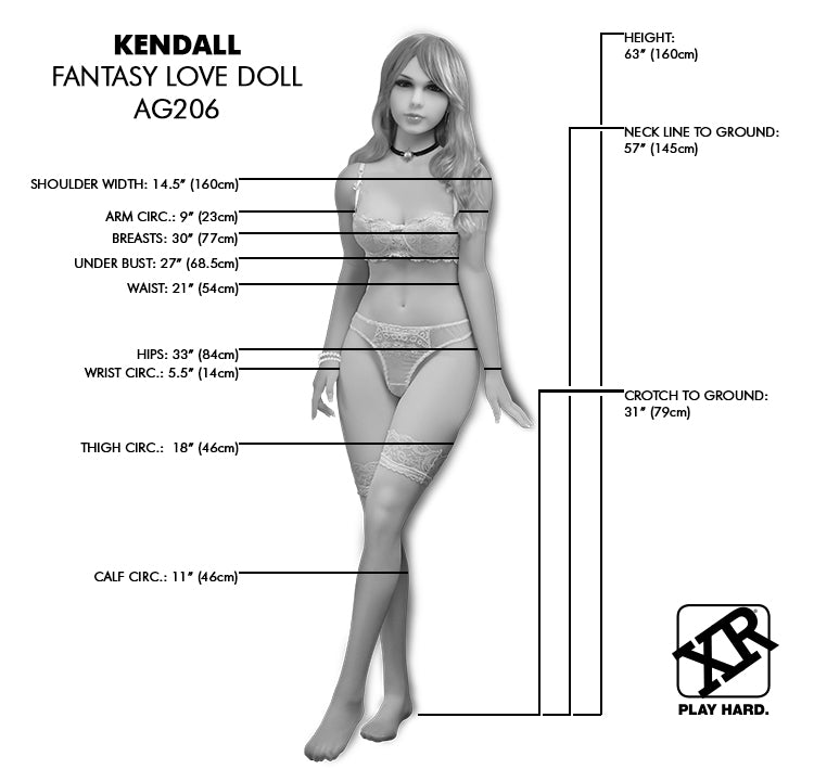 Black and white image of the Kendall Love Doll with all of the measurements of the doll superimposed over the doll's image. All measurements are found in the text description of the sex doll. | Kinkly Shop