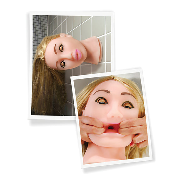 Two images in a collage showing features of the Pipedream Fuck My Face doll. One shows the dildo stuck on the shower wall with the doll's suction cup and the other shows how wide the mouth can stretch as well as the closed eyeballs. | Kinkly Shop