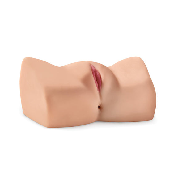 Pipedream Products Dirty Talk Interactive Bad Girl stroker shown laying on a flat surface. The stroker has two entrances - one vaginal entrance and one anal entrance. | Kinkly Shop