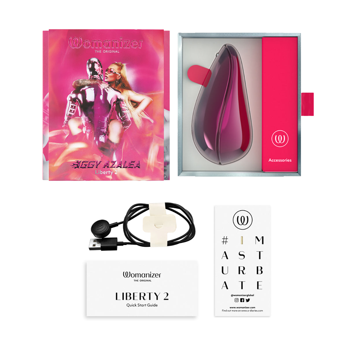 The Womanizer x Iggy Azalea Liberty 2 shown with everything it comes with. There's the vibrator itself in the box, the charging cable, the quick start guide, and the IMasturbate sticker. | Kinkly Shop