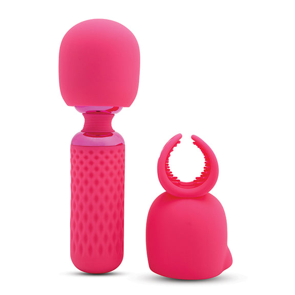 The Nubii: Harlow Mini in pink shown next to the attachment head that can be placed on top of the vibrator. | Kinkly Shop