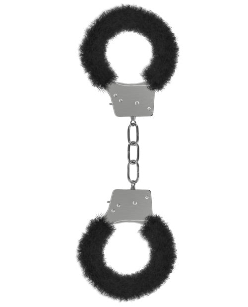 Ouch! Furry Handcuffs in Black against a plain white background | Kinkly Shop
