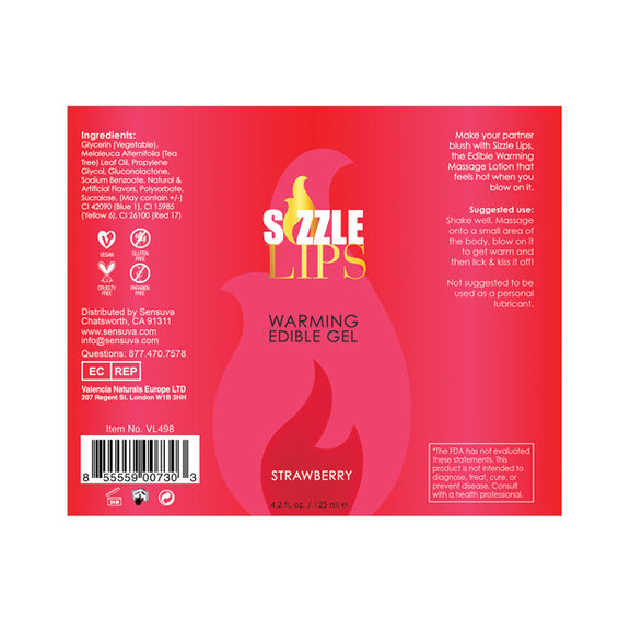 The label that's wrapped around the Sizzle Lips Warming Gel bottles laid out flat, making it easier to read the label. | Kinkly Shop