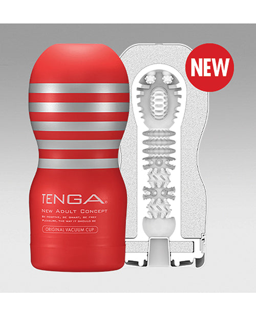 The Tenga Original Vacuum Cup shown next to a cross-section of the vacuum cup that showcases the interior texture inside of the stroker. | Kinkly Shop