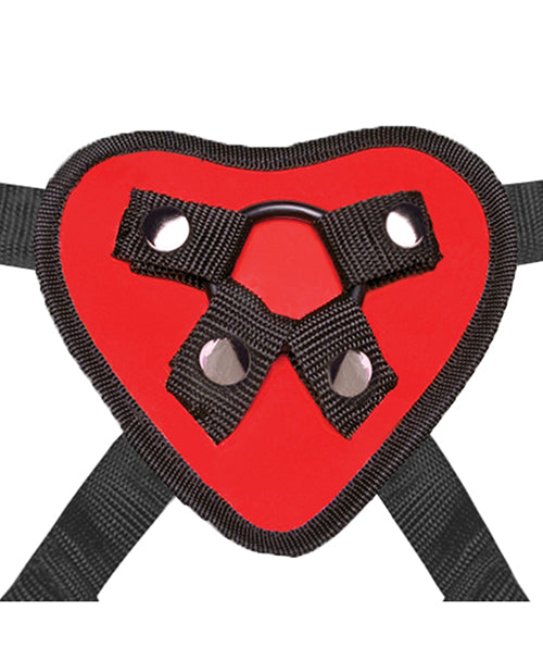 Close-up on the interchangeable O-ring design of the Lux Fetish Red Heart Strap-On Set harness. The four snaps allow the O-ring to be swapped out as desired. | Kinkly Shop