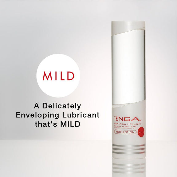 The Tenga Hole Lotion: Mild shown with descriptive text. Text reads: "Mild: A delicately enveloping lubricant that's mild." | Kinkly Shop