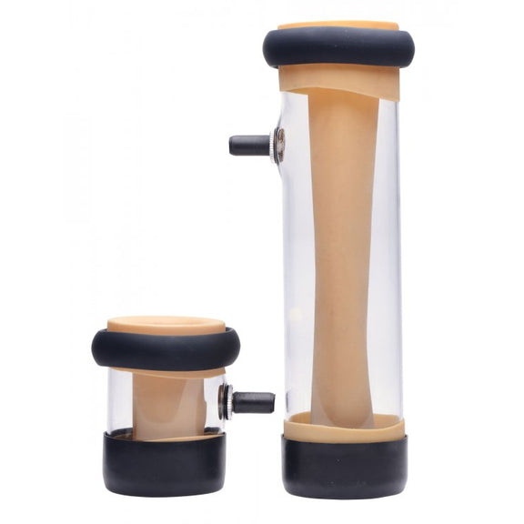 The two penis stroking tubes shown next to one another. One is 1/3rd of the size of the other. | Kinkly Shop