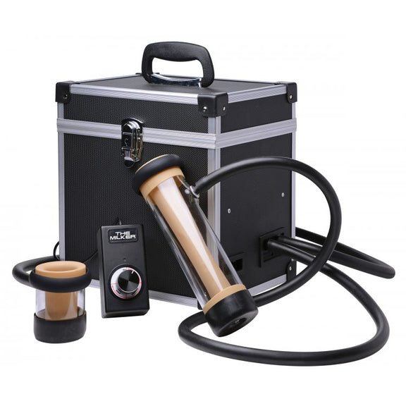 Everything included in the Lovebotz Milker Deluxe Stroker Machine shown laid out. There is the block of the machine itself, the cordage, the remote control, and the two tube lengths. | Kinkly Shop