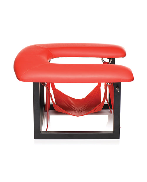Side view of the Master Series Face Rider Queening Chair, showcasing the U-shaped padded seat and "opening" on the front end for easier use. The red head sling hangs underneath the seat. | Kinkly Shop