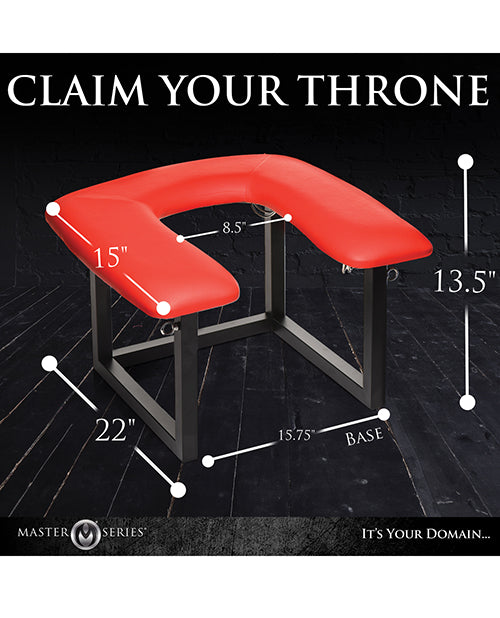 The Master Series Face Rider Queening Chair with measurements written overtop of it. All measurements are included within the product text description itself. | Kinkly Shop