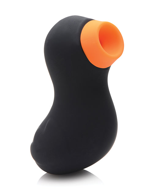 The Inmi Shegasm Sucky Ducky in black and orange. It looks like a little duck with a hollow tip that functions as an air suction hole. | Kinkly Shop