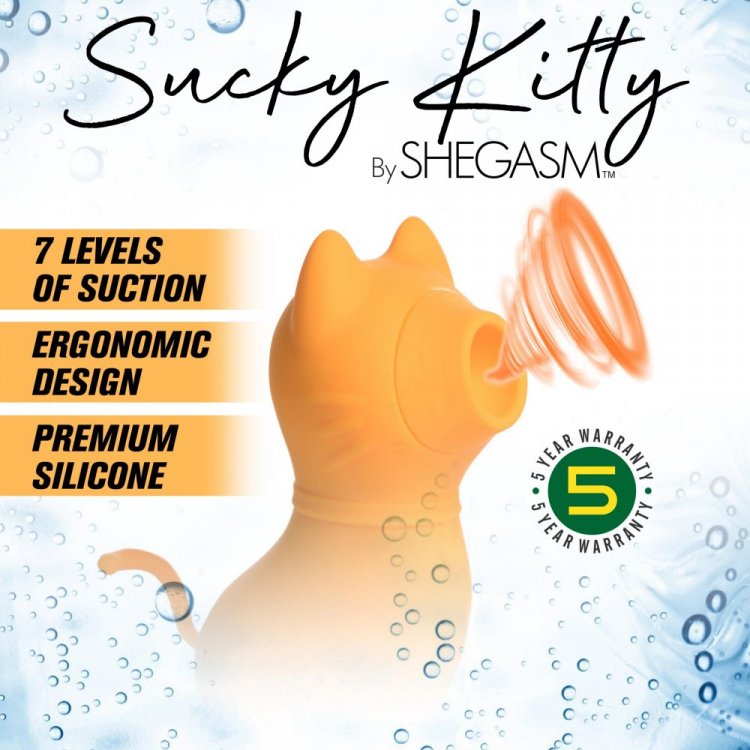 The Inmi Shegasm Sucky Kitty with text surrounding it to display its features. Text includes "Sucky Kitty by Shegasm. 7 levels of suction. Ergonomic design. Premiums silicone. 5 year warranty" | Kinkly Shop
