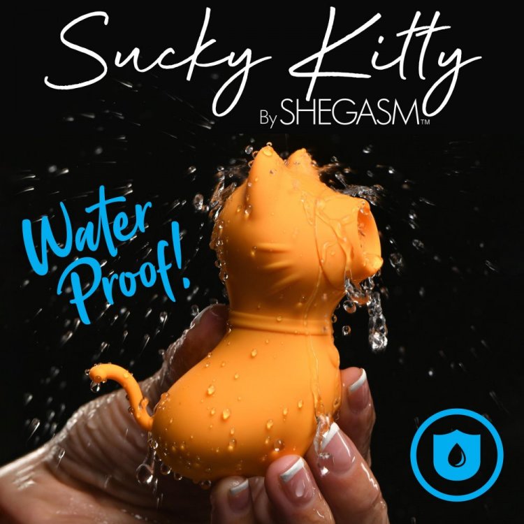 A person holds the Inmi Shegasm Sucky Kitty in a bunch of splashing water. Text says: "Waterproof!" | Kinkly shop
