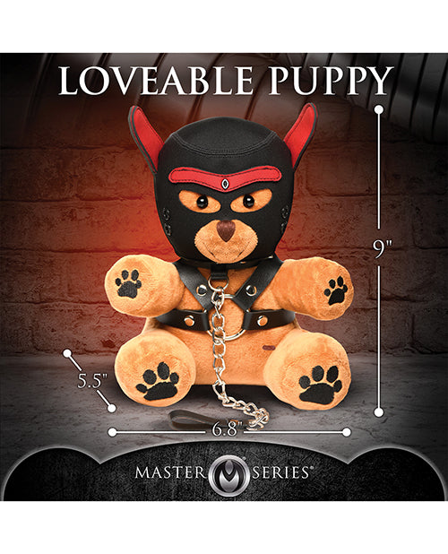 The Master Series Kinky Pup Bear with measurements superimposed overtop of the toy. The product description text includes the measurements for the toy. | Kinkly Shop