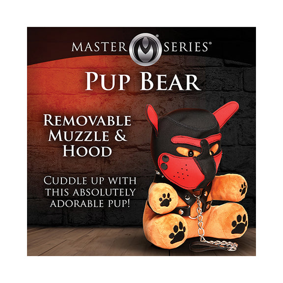 The Master Series Kinky Pup Bear listed next to the features of the toy. Text reads: "Removable muzzle and hood. Cuddle up with this absolutely adorable pup!" | Kinkly Shop