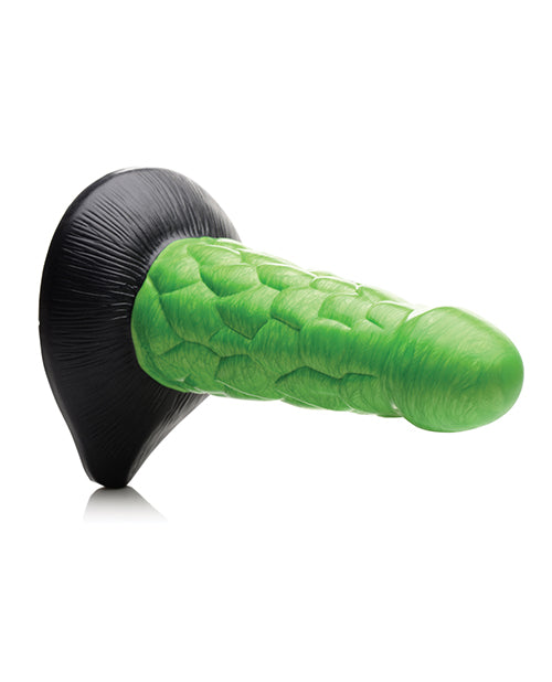 The Creature Cocks Radioactive Reptile shown sideways. It has a very intense turtle-shell-like texturing along the entirety of the dildo shaft. | Kinkly Shop