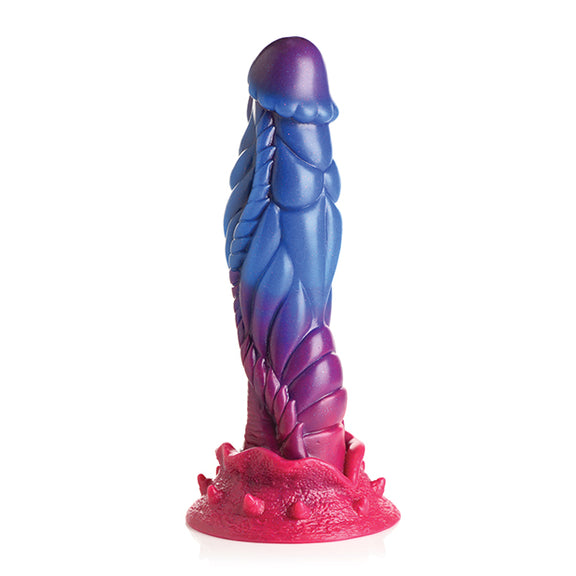 Creature Cocks Intruder in front of a plain white background. It's a really beautiful, colorful dildo in purple, blue, and pink gemtones. | Kinkly Shop