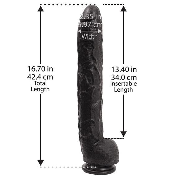A photo of the Dick Rambone dildo with measurements superimposed over top of it. All measurements can be found within the text of the product description as well. | Kinkly Shop