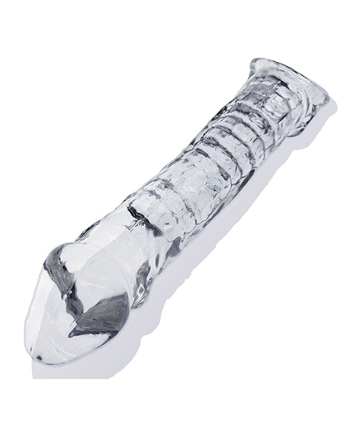 Close-up on the clear Oxballs Muscle Ripped showcases the ribbing on the inside of the extender, designed to pleasure the wearer while they wear it. | Kinkly Shop