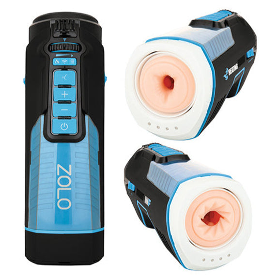 A collage of 3 images of the ZOLO Roboblow put together. One shows the front control panel and buttons for the ZOLO Roboblow, and the other two showcase the insertable end of the toy with two of the strokers in the toy. | Kinkly Shop