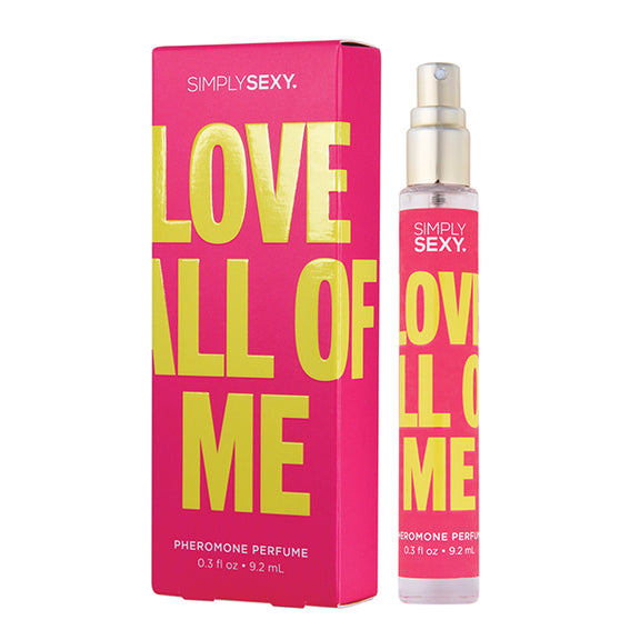 Simply Sexy Pheromone Perfume bottle shown next to the cardboard box that it comes in. The perfume is in a very tall, thin spritz bottle. It's 0.3oz in size. | Kinkly Shop