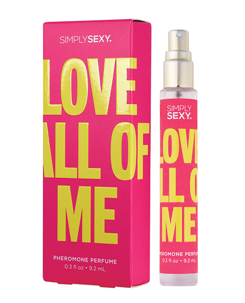 Simply Sexy Pheromone Perfume bottle shown next to the cardboard box that it comes in. The perfume is in a very tall, thin spritz bottle. It's 0.3oz in size. | Kinkly Shop