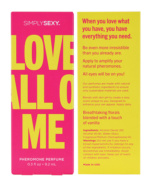 Backside of the packaging of the Love All Of Me Simply Sexy Pheromone Perfume. It's described as Breathtaking florals blended with a touch of vanilla. | Kinkly Shop